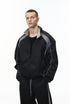 Black racing jacket front view on model, contrast panels, tracksuit top