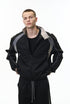 Black racing jacket open over tee, contrast lining and piping