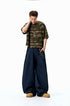 Dark blue mid rise wide leg jeans front view, deep rinse