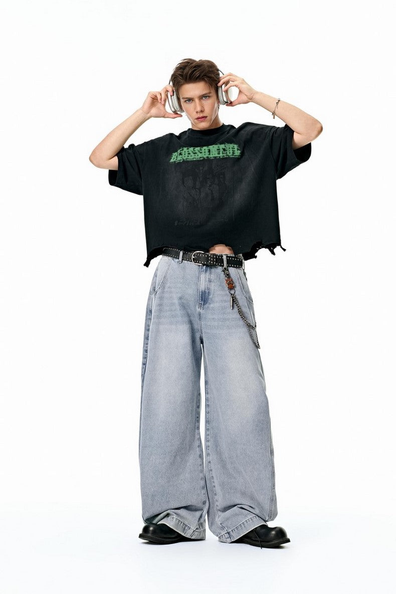 Light blue mid rise wide leg jeans front view, washed finish
