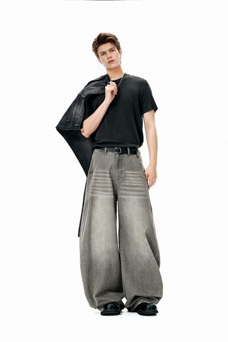 Light gray mid rise wide leg jeans front view, extra-loose, straight cuff
