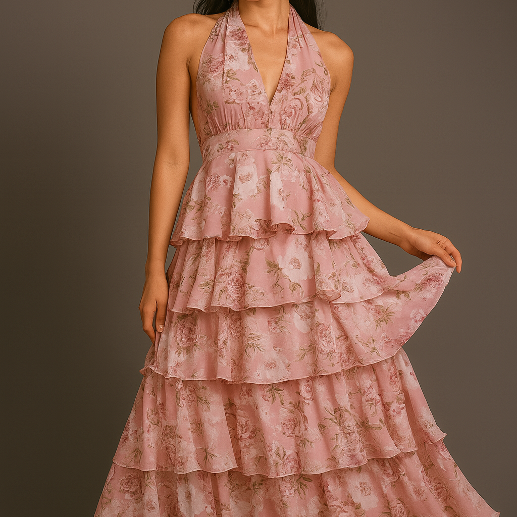 Woman wearing an old rose color halter floral dress against a gray background