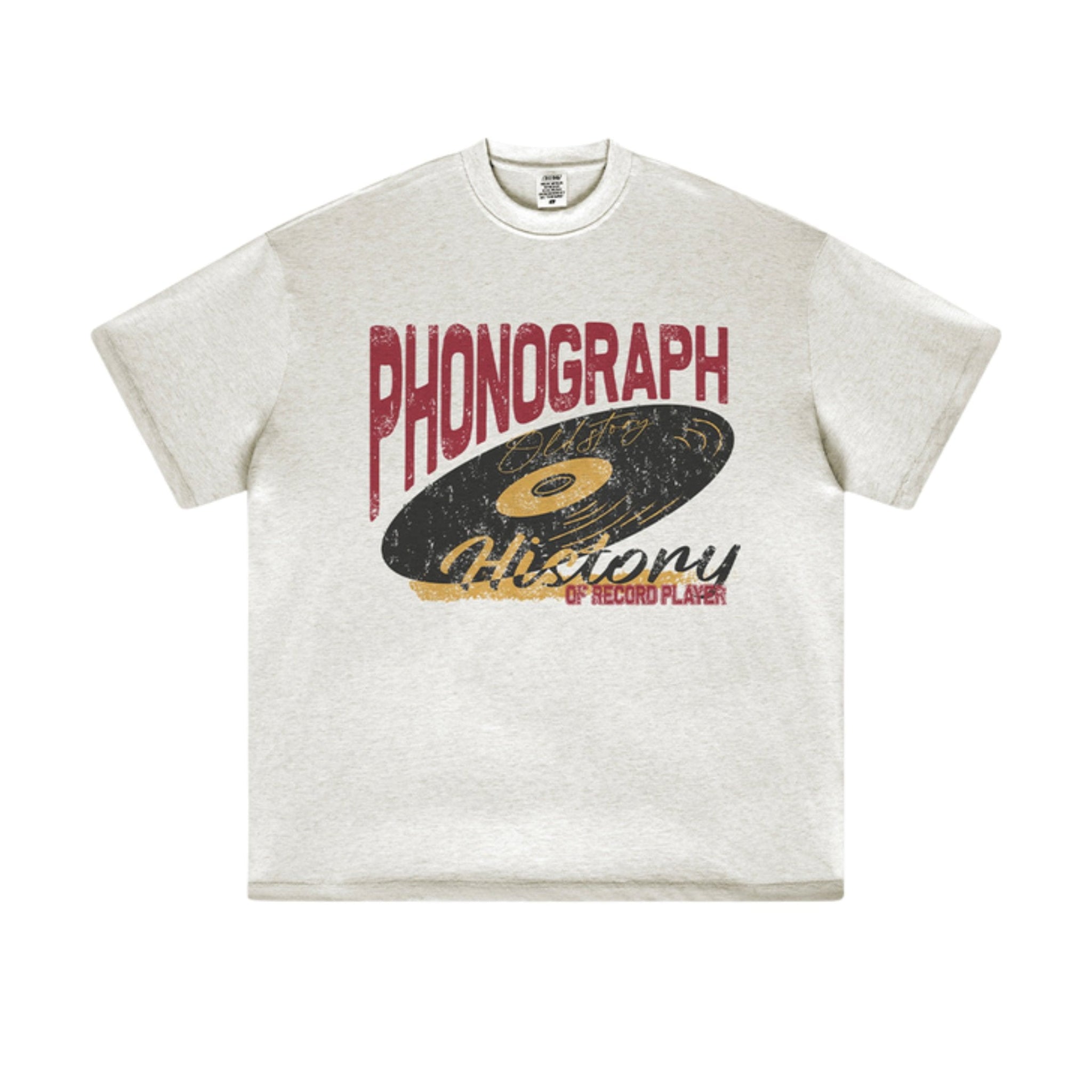 Flat lay of light grey phonograph graphic tee.