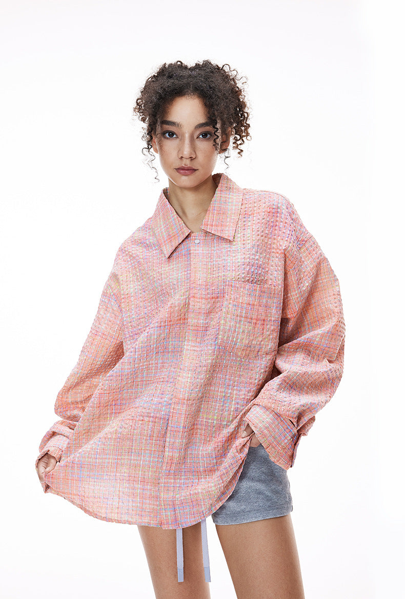Pink plaid shirt back view, loose fit and yoke seam
