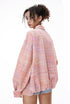 Pink plaid shirt flat lay back, oversized hoodless collar