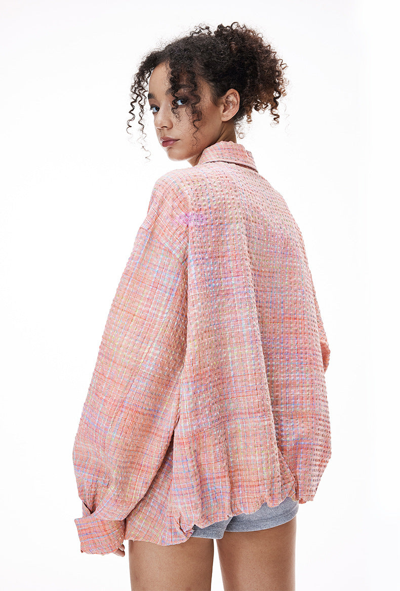 Pink plaid shirt flat lay back, oversized hoodless collar