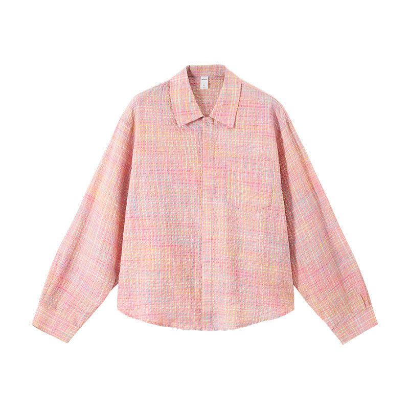Pink plaid shirt flat lay front, chest pocket and buttons