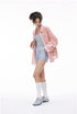 Pink plaid shirt on model front view, oversized button up