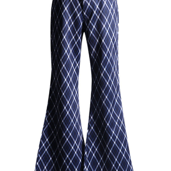 Flat lay of blue plaid high-waist flared pants with a bold check pattern.