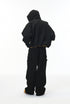 Black plush zip jacket, back view with hood.