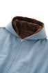Blue plush zip jacket, hood and collar close-up.