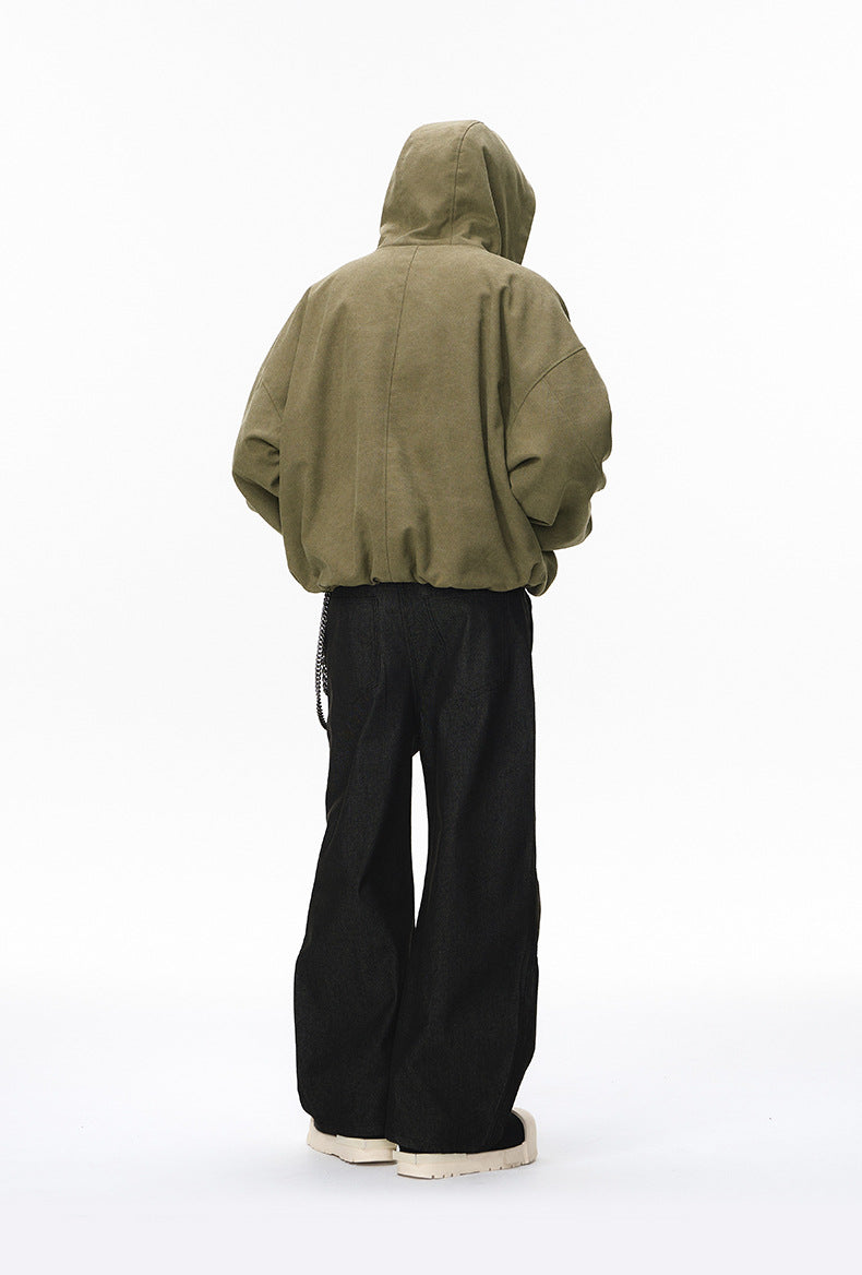 Green plush zip jacket, back view, straight hem.