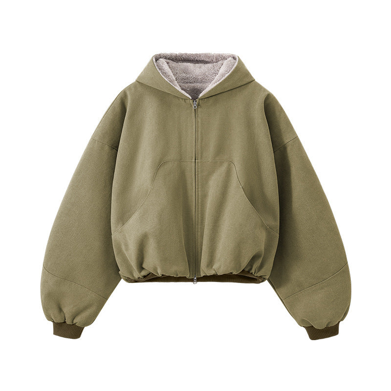 Green plush zip jacket, flat lay front with hood.