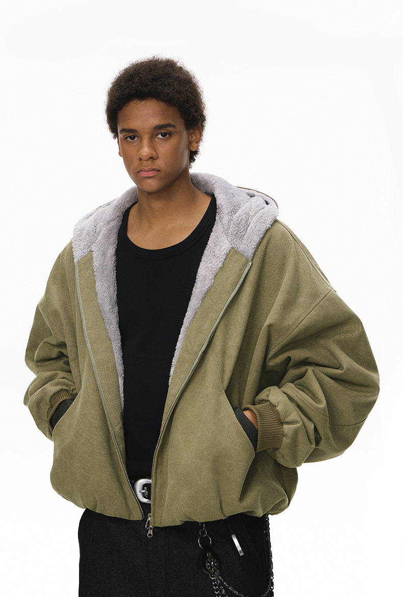 Green plush zip jacket, front view with contrast fleece.