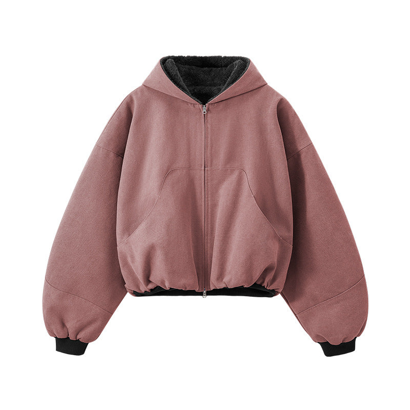 Pink plush zip jacket, flat lay front with contrast lining.