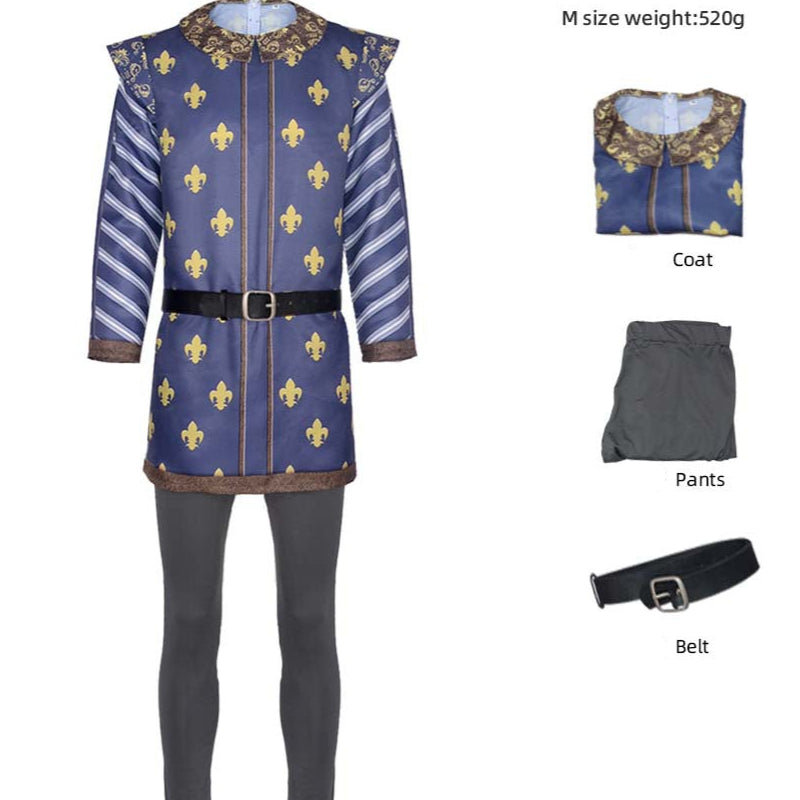 prince charming shrek cosplay costume full set with tunic belt and pants labeled display