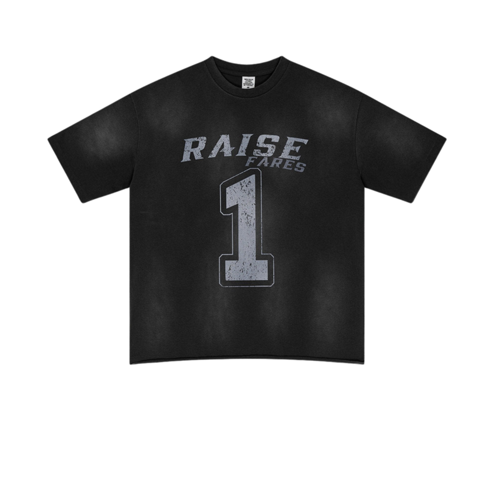 Black oversized T-shirt laid flat with 'Raise Fares' and number 1 print
