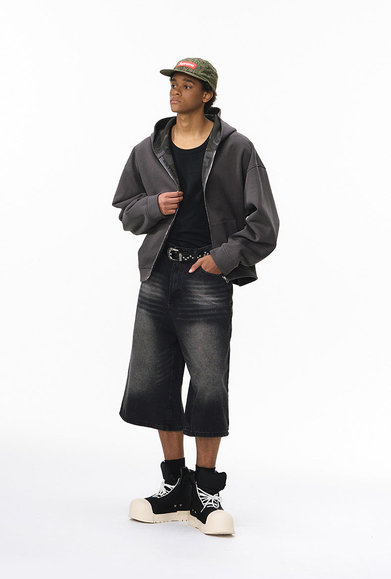 Reversible zip hoodie, dark gray side—front view with cap, relaxed fit