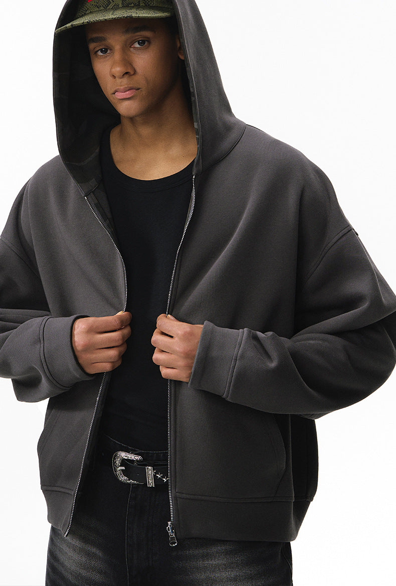 Reversible hoodie, dark gray side—open front showing reversible finish