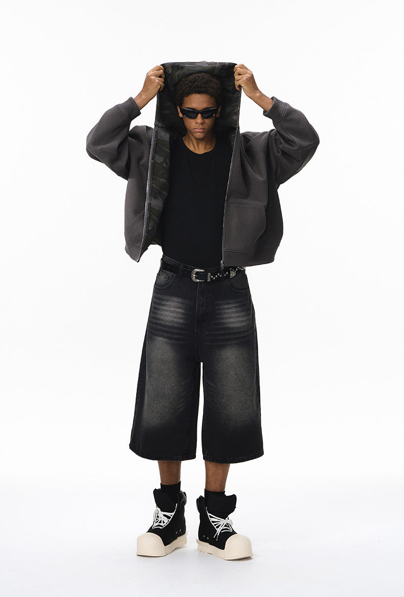 Reversible zip hoodie, camo side—front view with sunglasses