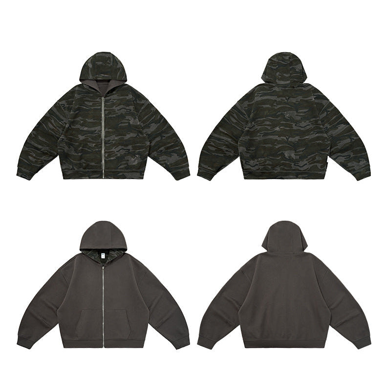 Reversible hoodie four-view graphic—dark gray and camo, front and back