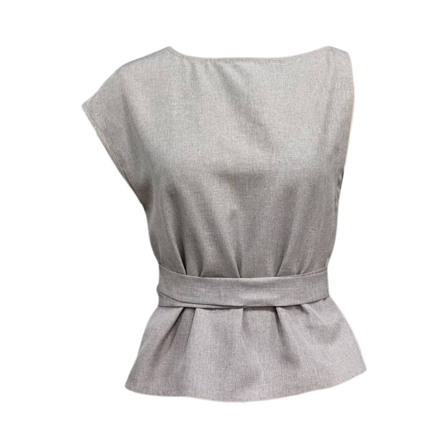 Flat lay of gray sleeveless top with a belt on a white background