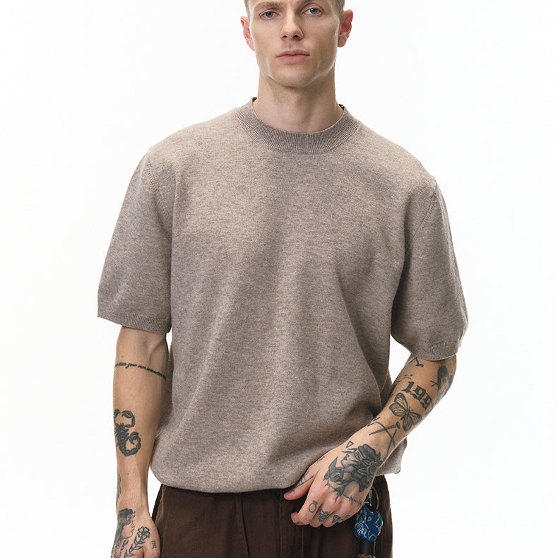 Khaki short sleeve knit top front view on model