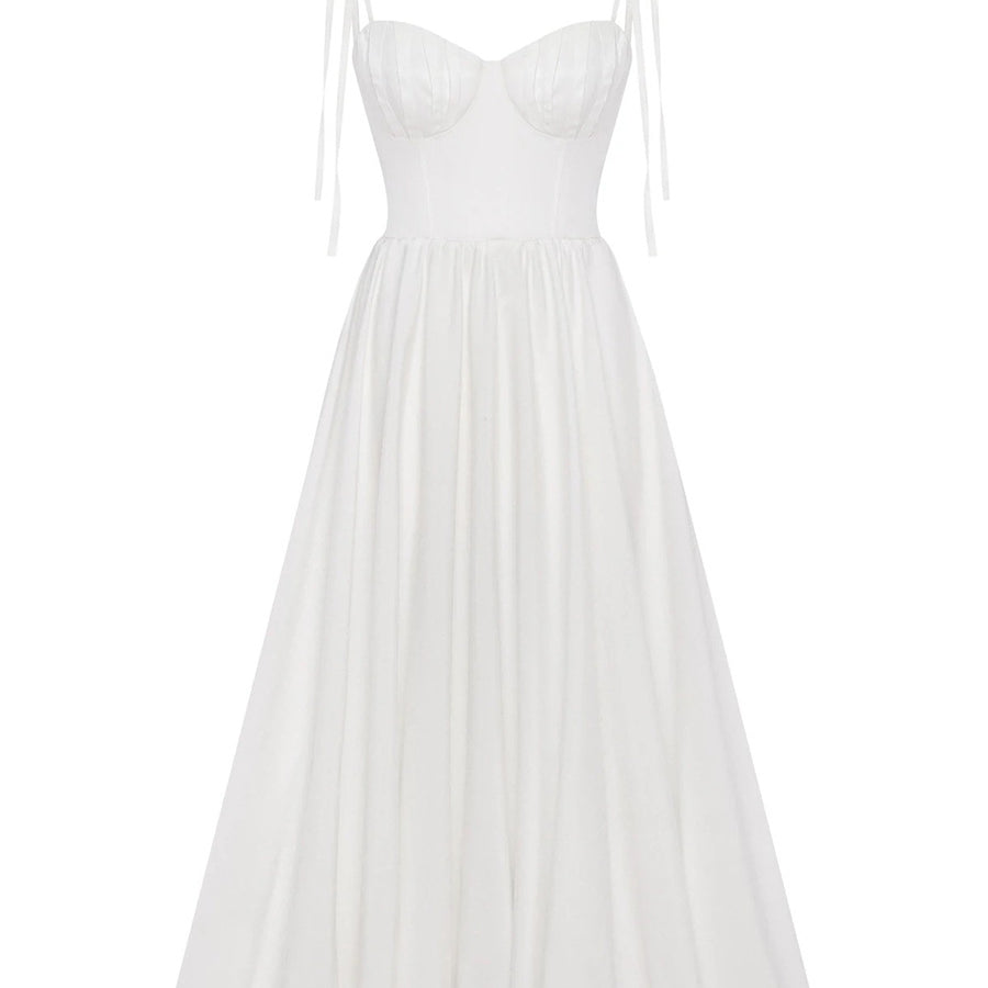 White sleeveless cotton bustier midi dress with thin straps on a white background