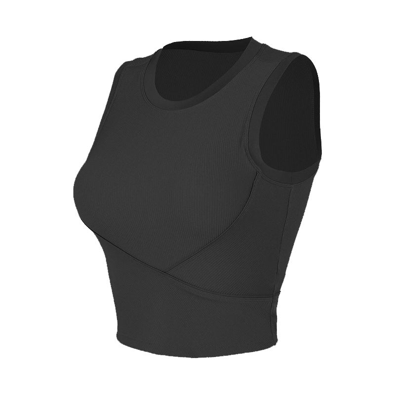 Black racerback workout tank top with contoured bust seams and cropped cut.