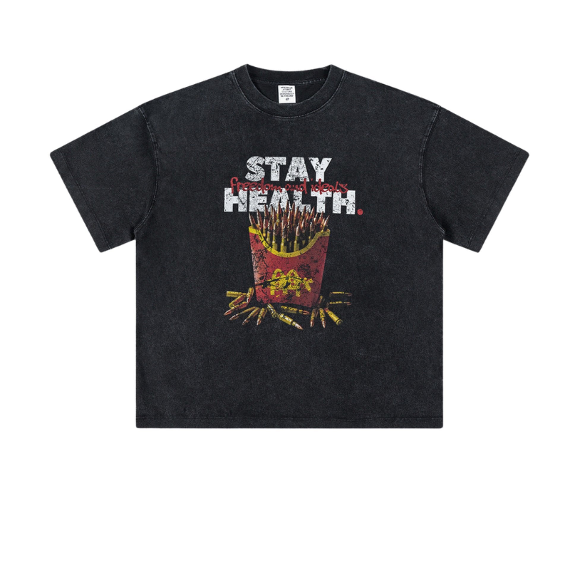 Black T-shirt laid flat with bullet fries graphic and text 'Stay Health.