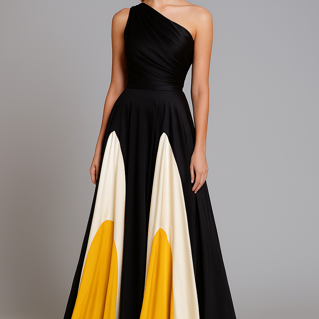 Woman wearing a one-shoulder maxi dress with black, white, and yellow color block design on a gray background.