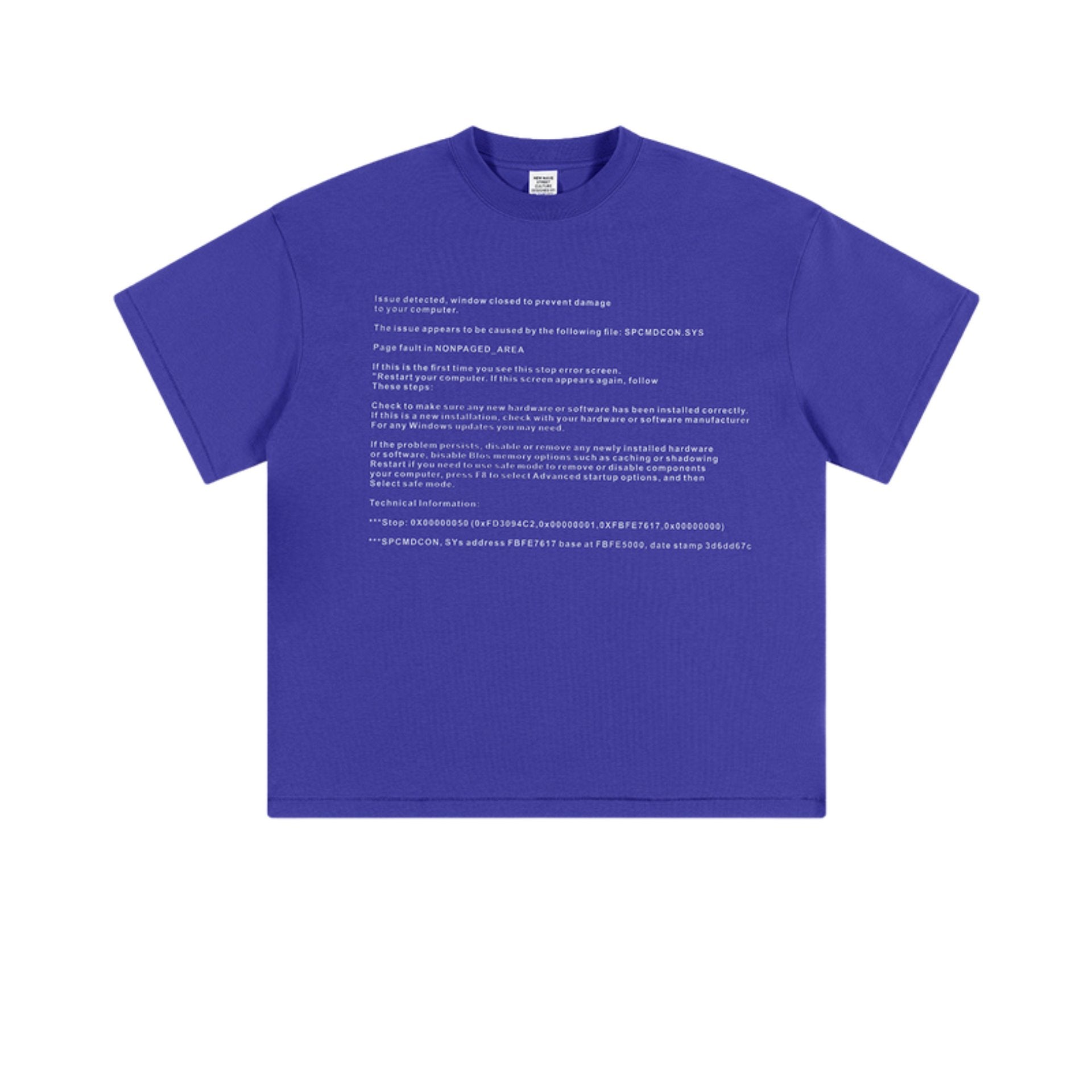 Flat lay of blue oversized tee with white system crash text print.