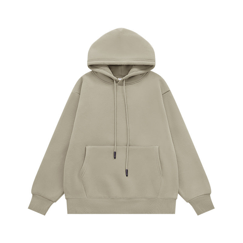 Taupe gray oversized hoodie flat lay front, drawcord hood