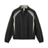 Black racing jacket flat lay front, contrast arcs and zip pockets