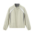 Gray racing jacket flat lay front, contrast arcs and zip pockets
