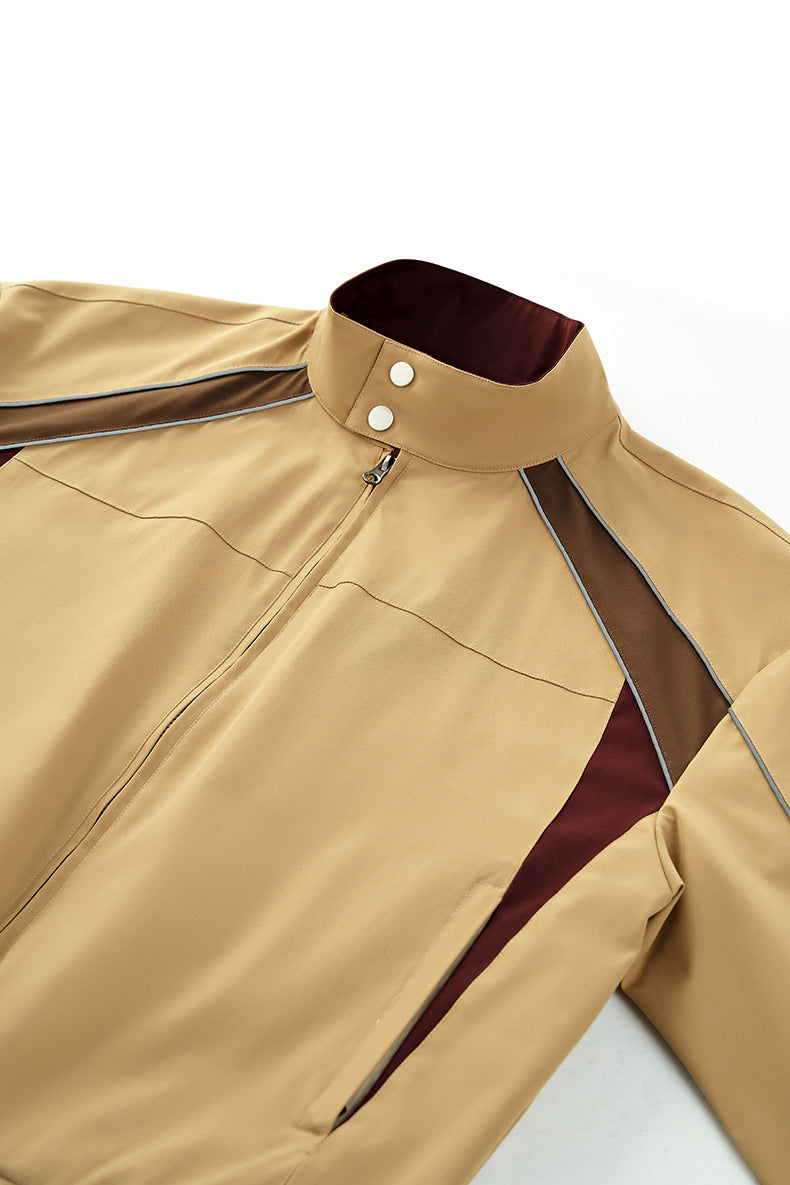 Khaki racing jacket flat lay front with contrast panels, tracksuit top