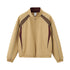 Khaki racing jacket flat lay front, contrast arcs and zip pockets