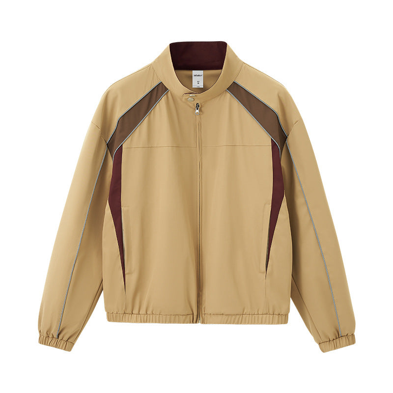 Khaki racing jacket flat lay front, contrast arcs and zip pockets