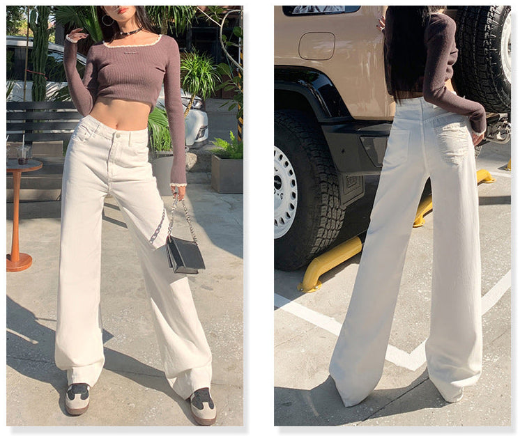 Rear and front views of white denim jeans with embroidered back pocket and modern cut.