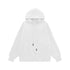 White hoodie flat lay front, drawcord hood