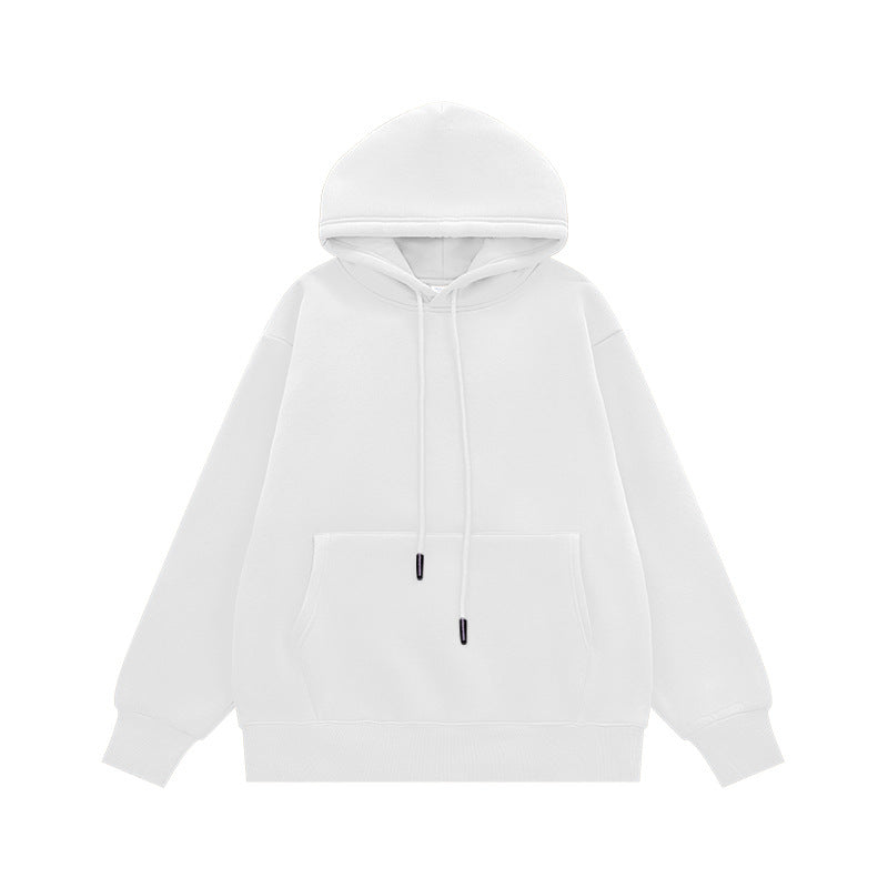 White hoodie flat lay front, drawcord hood