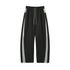 Black wide leg track pants flat lay front, straight cuff and stripes