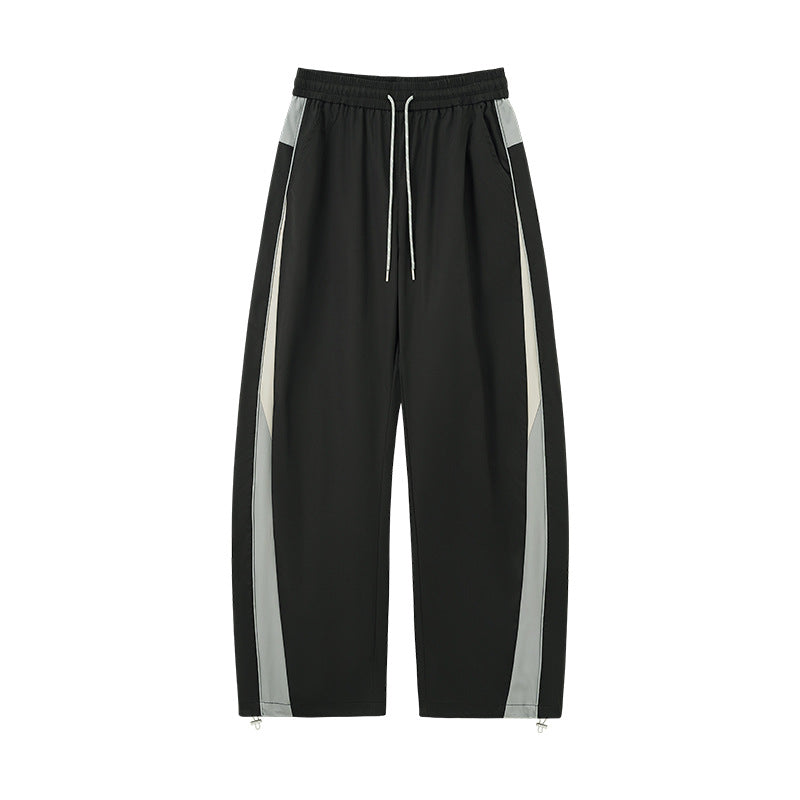 Black wide leg track pants flat lay front, straight cuff and stripes