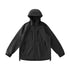 Black windbreaker jacket flat lay front view with hood