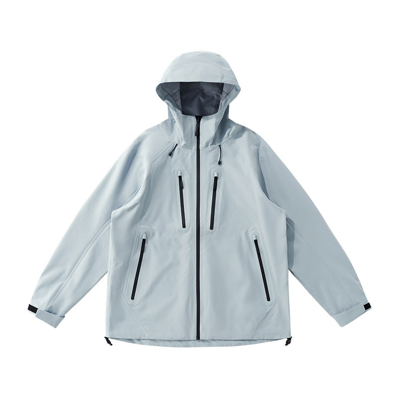 Light blue windbreaker jacket flat lay front view, zip pockets