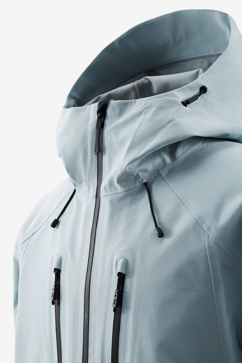 Sky blue windbreaker jacket fabric and waterproof zipper seam detail