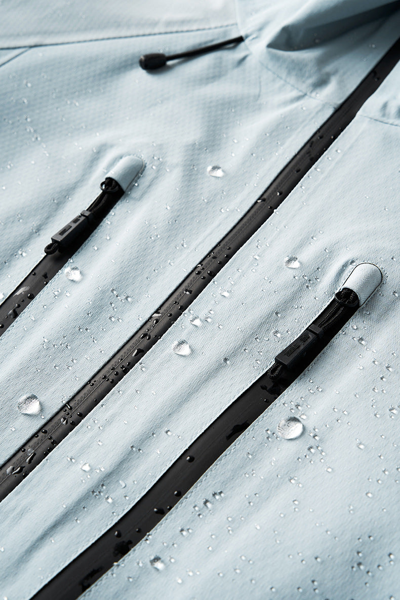 Sky blue windbreaker jacket water-resistant zip track macro