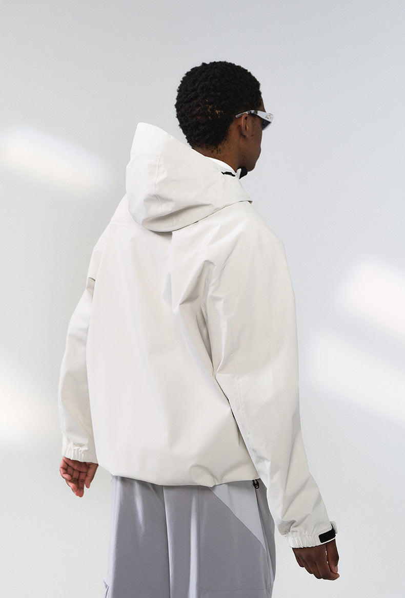 Off-white windbreaker jacket back view, relaxed hem
