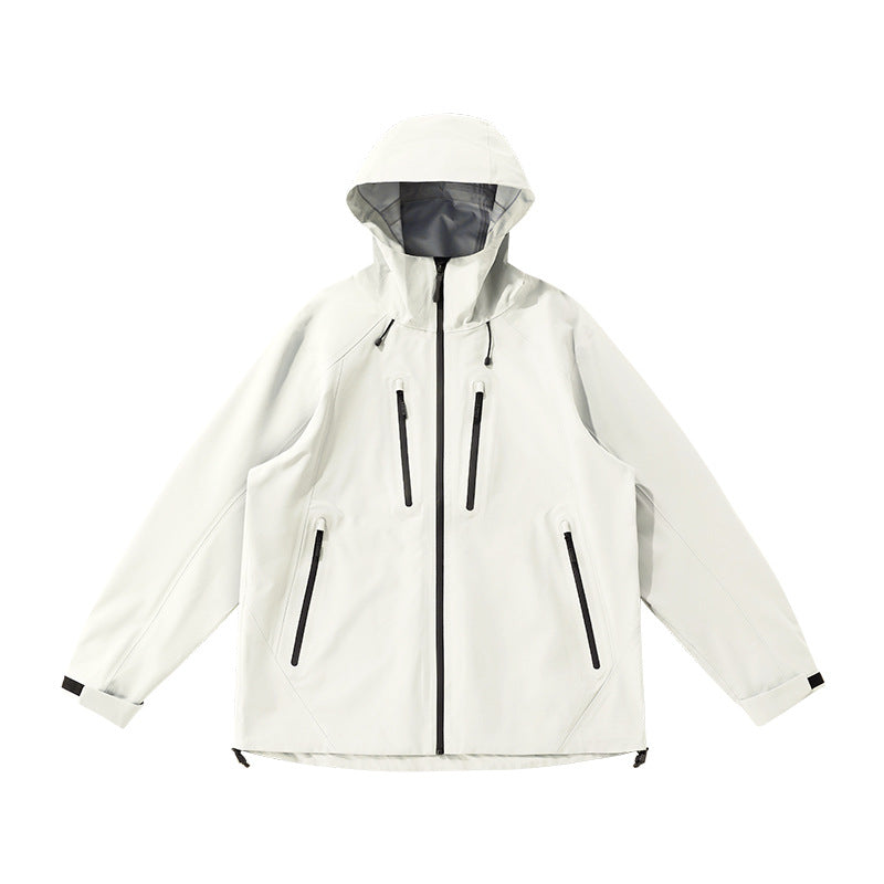 Off-white windbreaker jacket flat lay front view, hooded shell