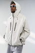 Off-white windbreaker jacket left side view with hood up